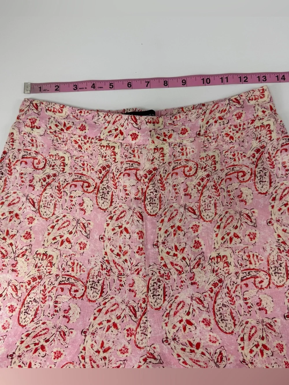 Zara Pants Womens Medium Pink Paisley Floral Linen Blend Pull On Stretch Waist